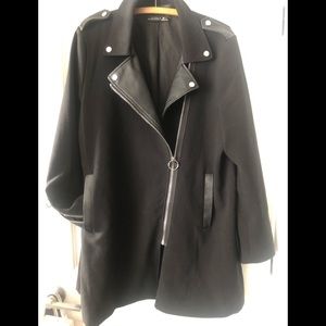 BlackTape knee-length coat faux leather accents, lined, front front zip, pockets